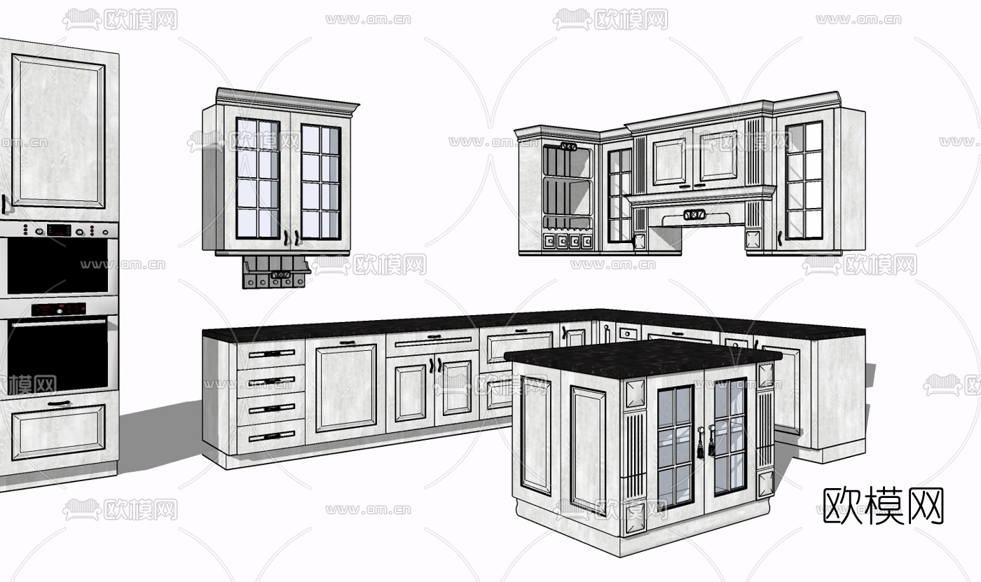 简欧实木橱柜免费su模型下载