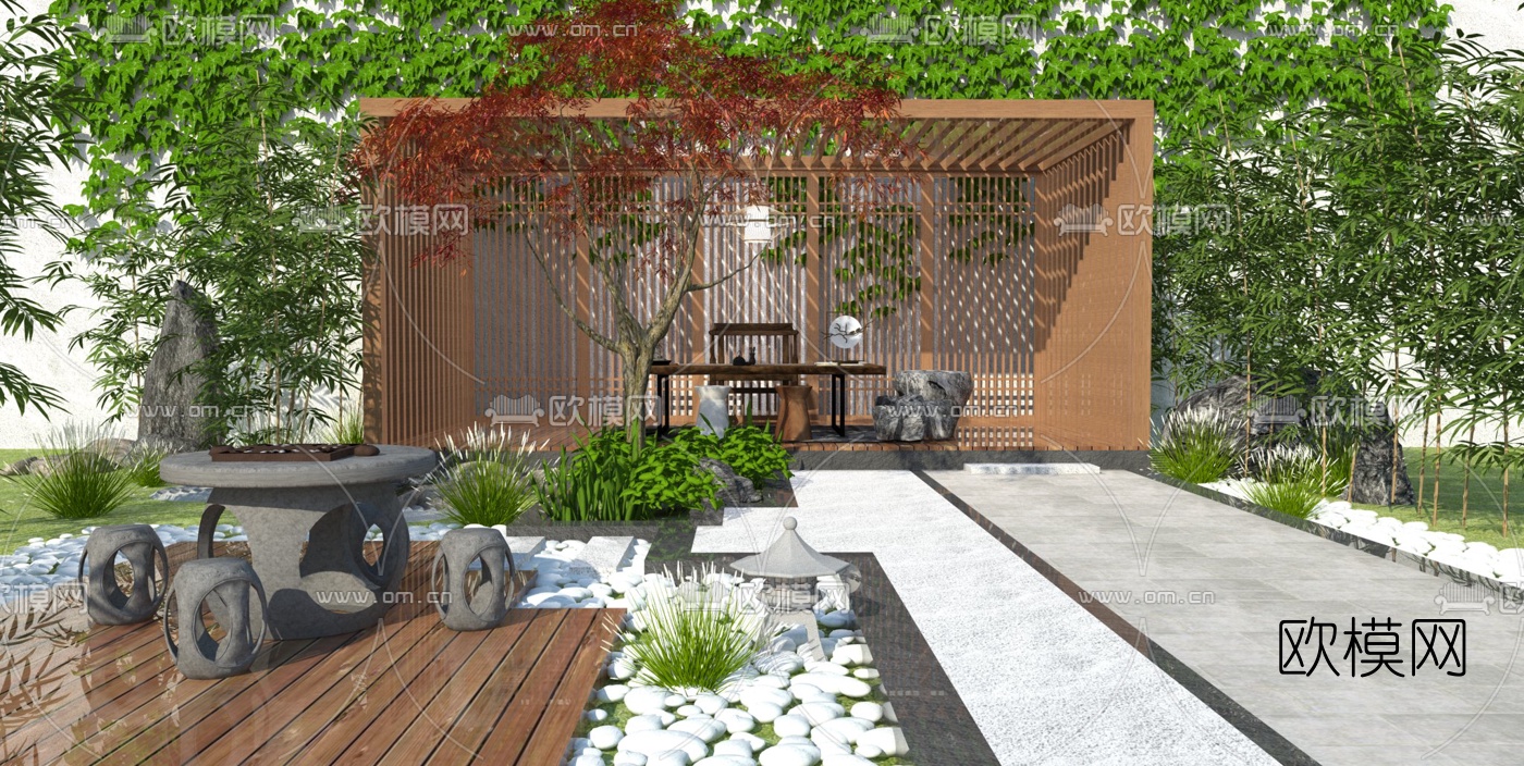 新中式庭院景观su模型下载