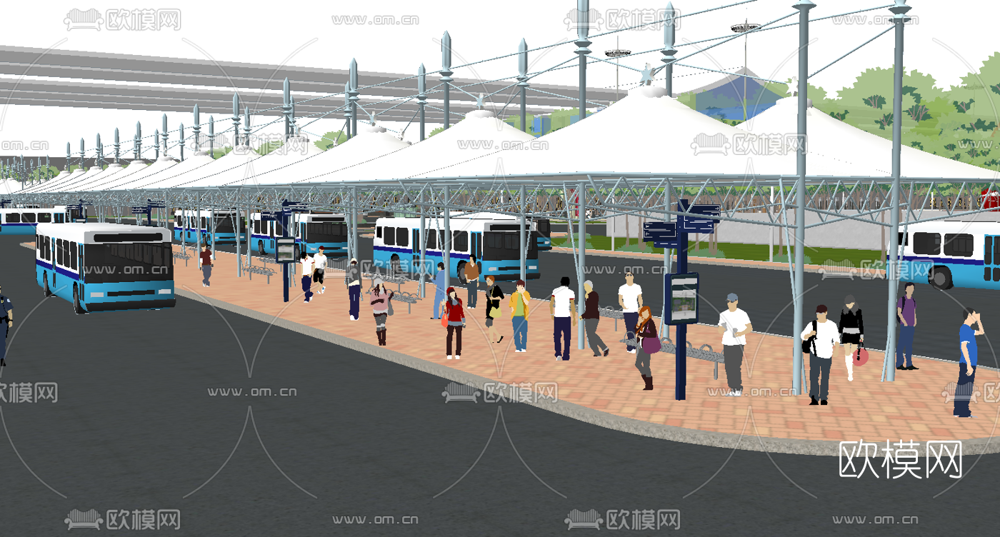 现代公交车站停车场su模型下载（渲染图1）