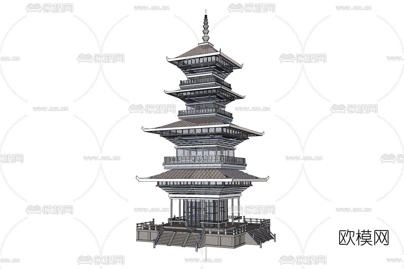 新中式塔建筑免费su模型下载