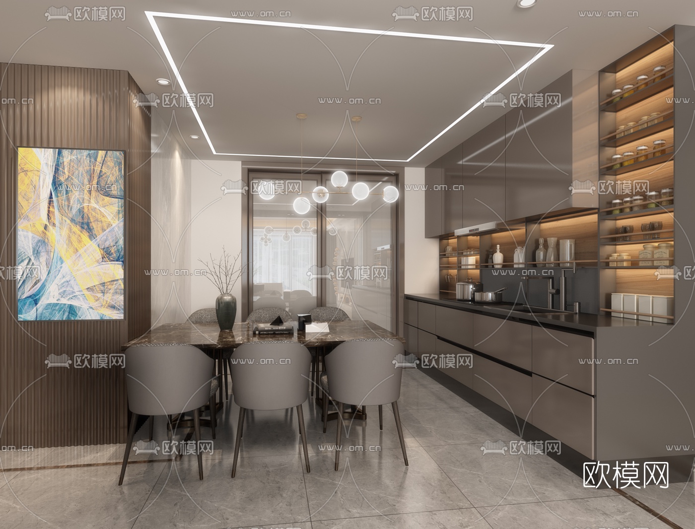 现代客厅餐厅3d模型