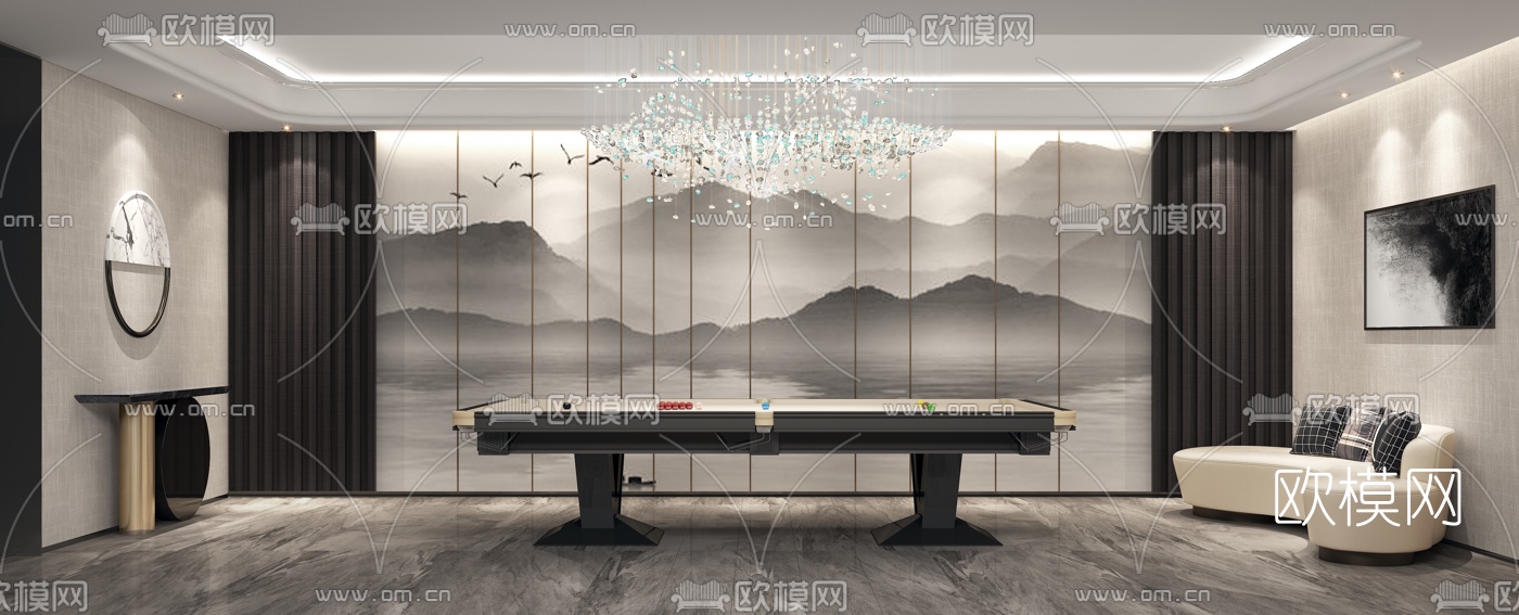 新中式台球活动室3d模型下载
