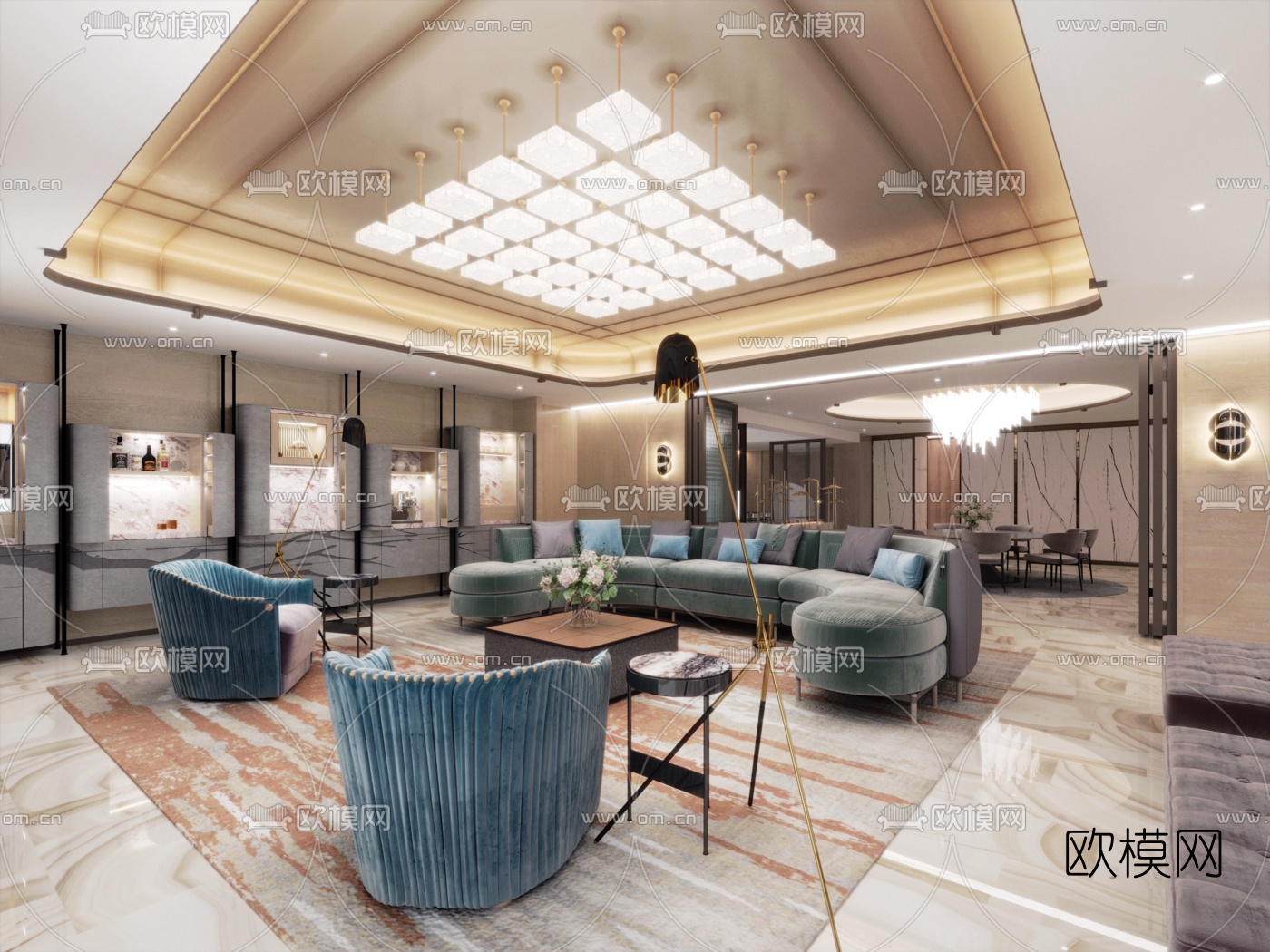 现代酒店会所会客室3d模型下载