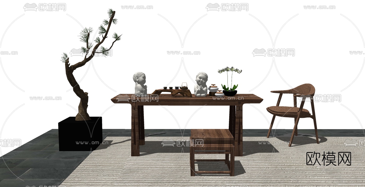 中式实木禅意茶桌椅su模型下载