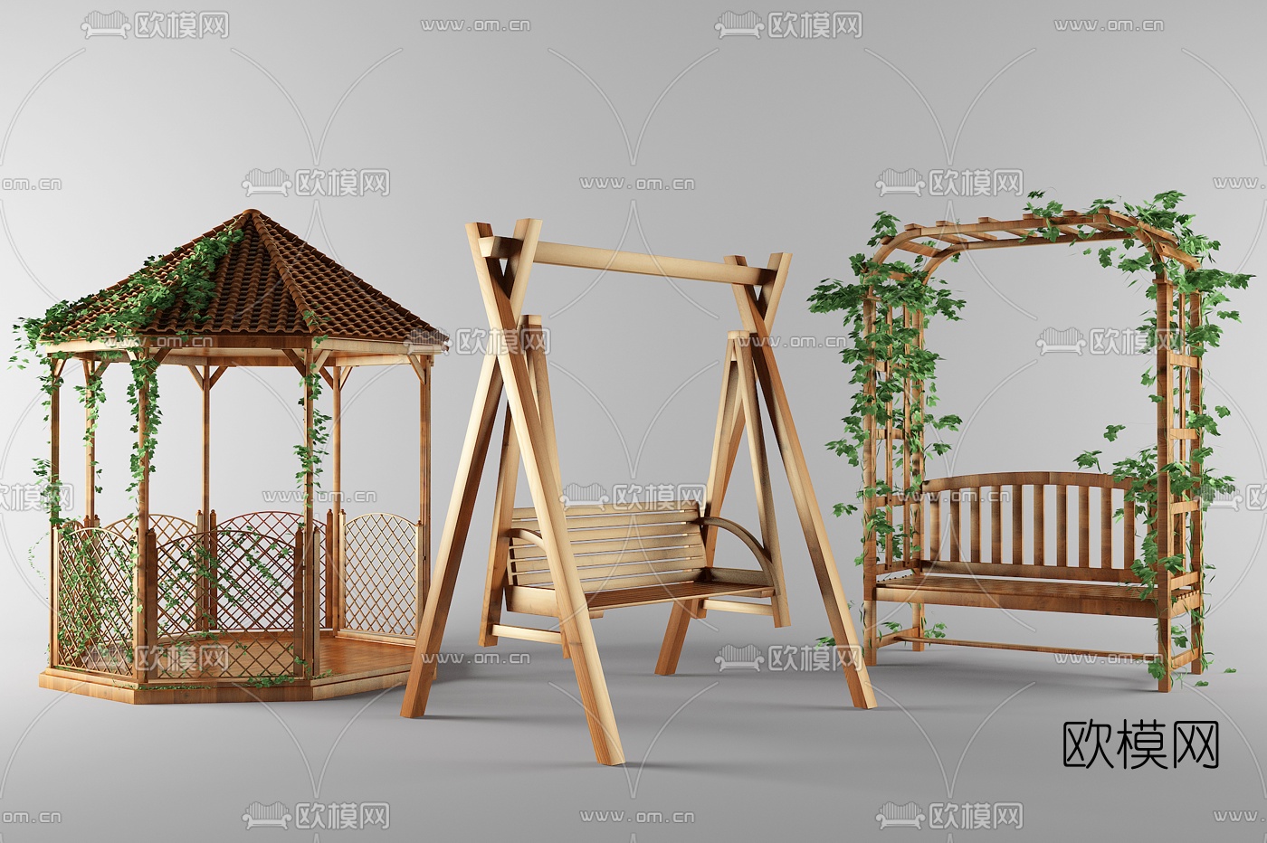 现代实木户外凉亭秋千3d模型