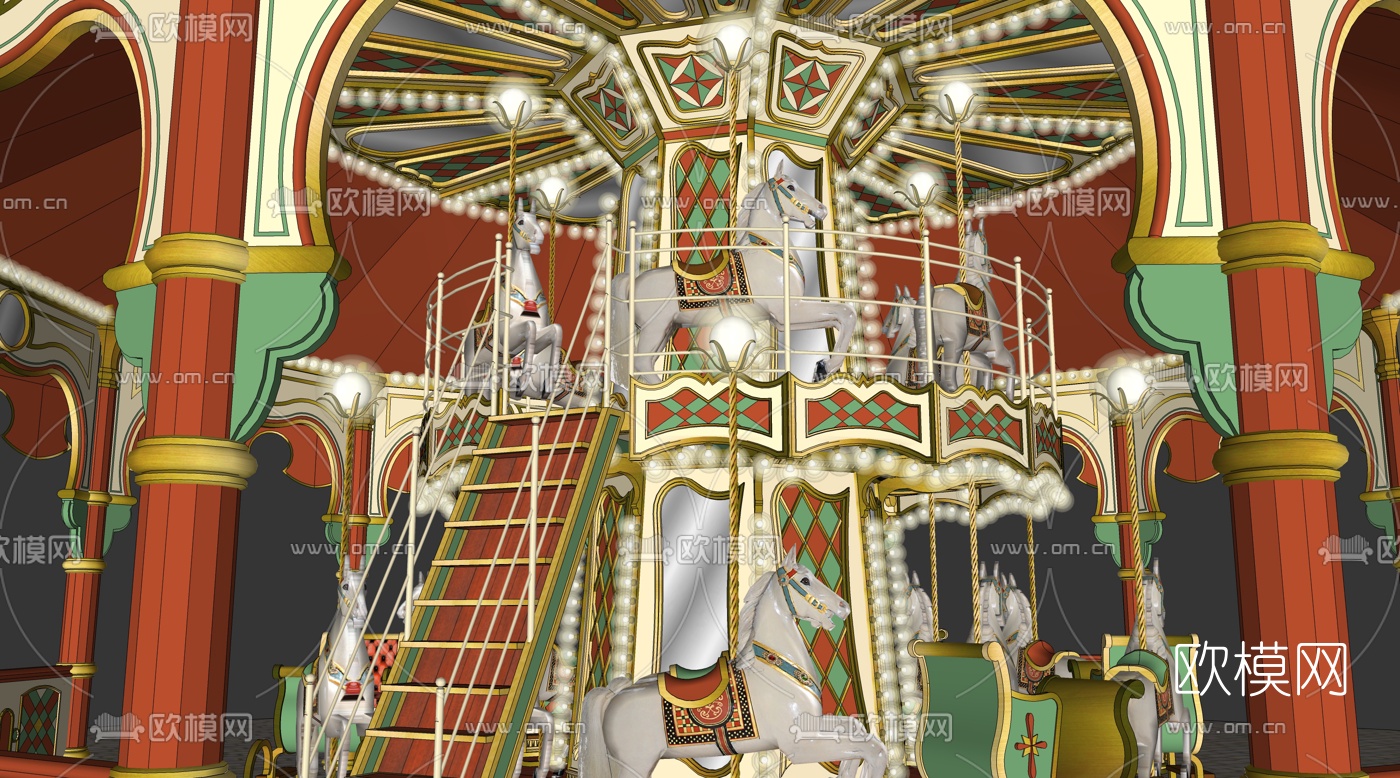 欧式旋转木马游乐设备su模型下载（渲染图2）