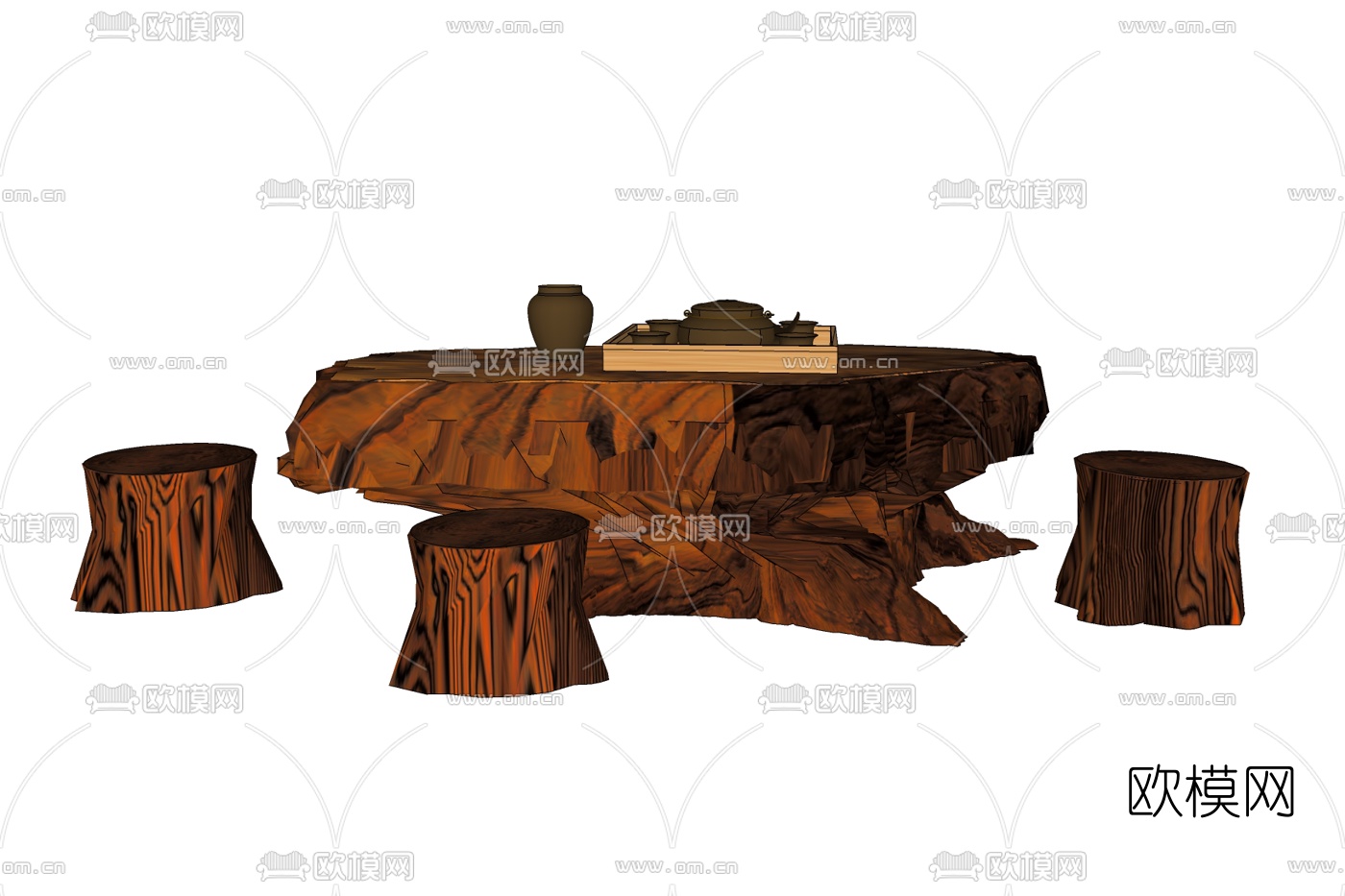 新中式根雕茶桌椅免费su模型下载