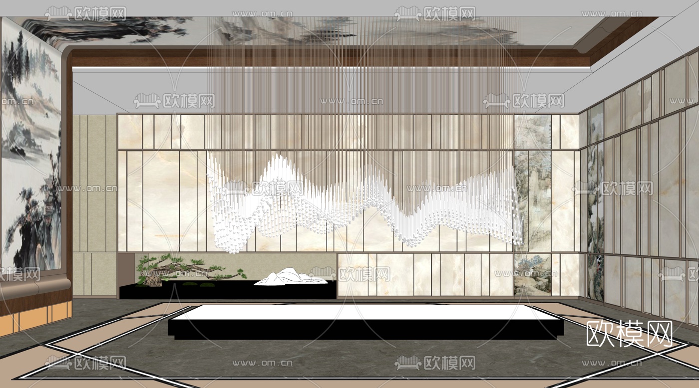 新中式大堂水晶吊灯su模型