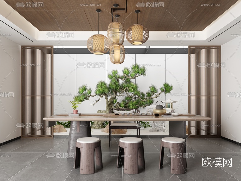 中式原木茶室3d模型下载
