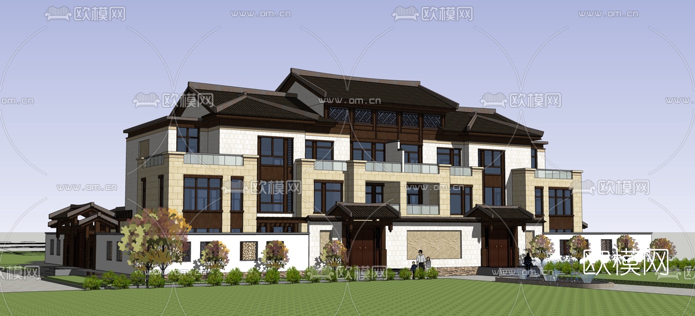 新中式双拼别墅外观su模型下载（渲染图2）