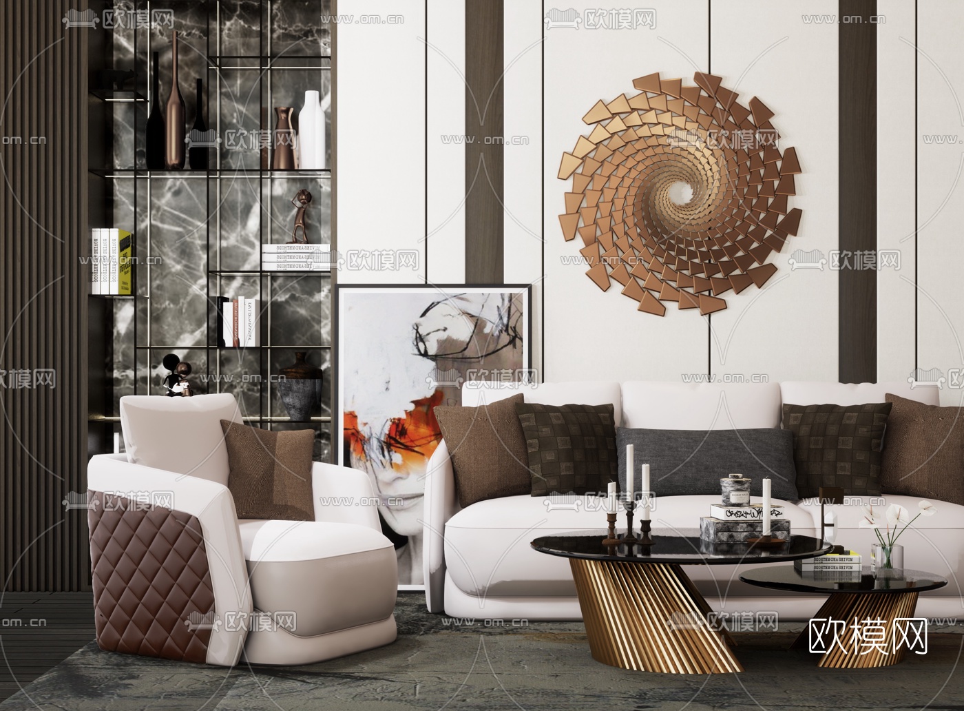 现代轻奢布艺沙发组合su模型