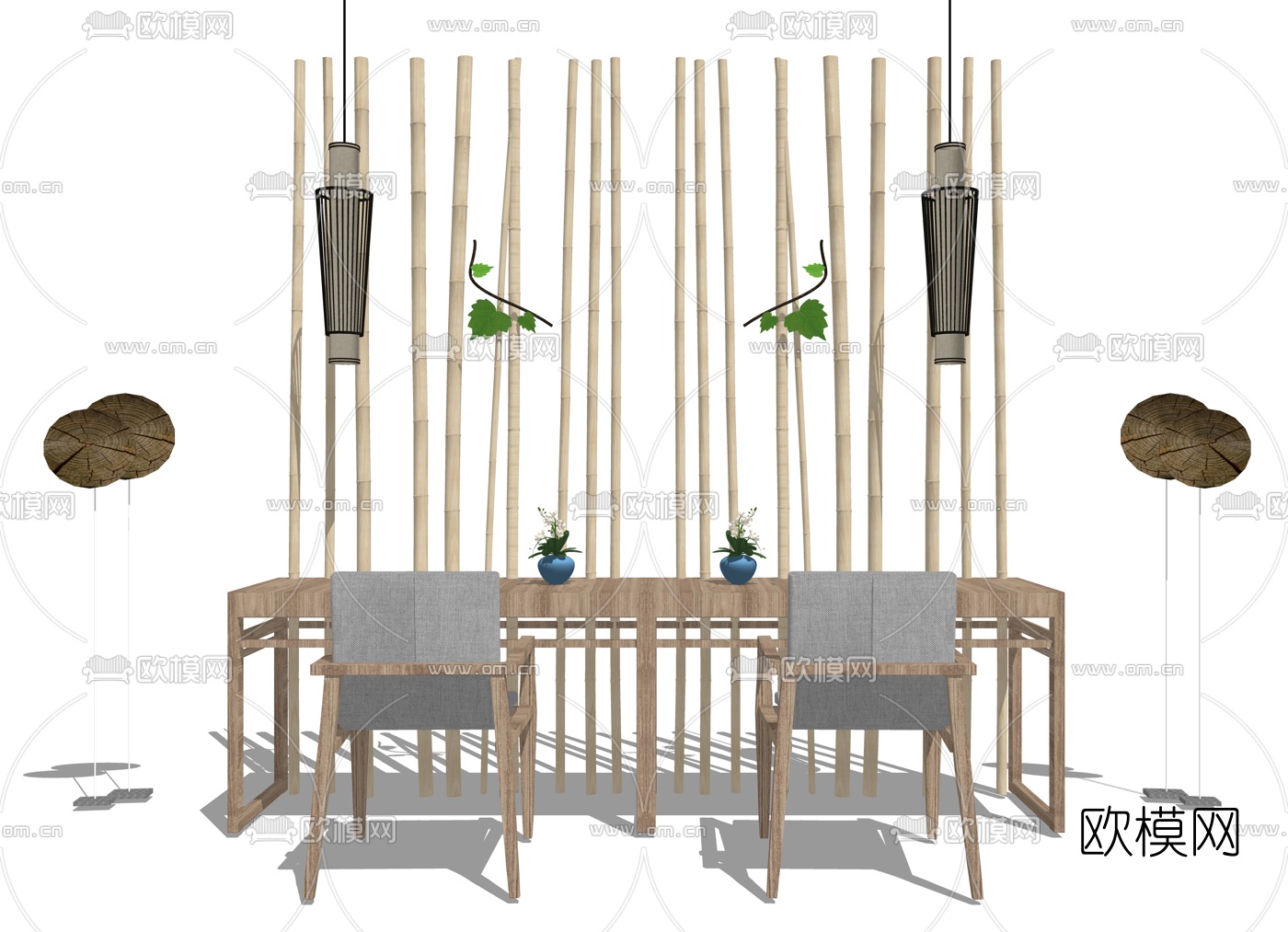 新中式竹子隔断书桌椅su模型下载（渲染图1）