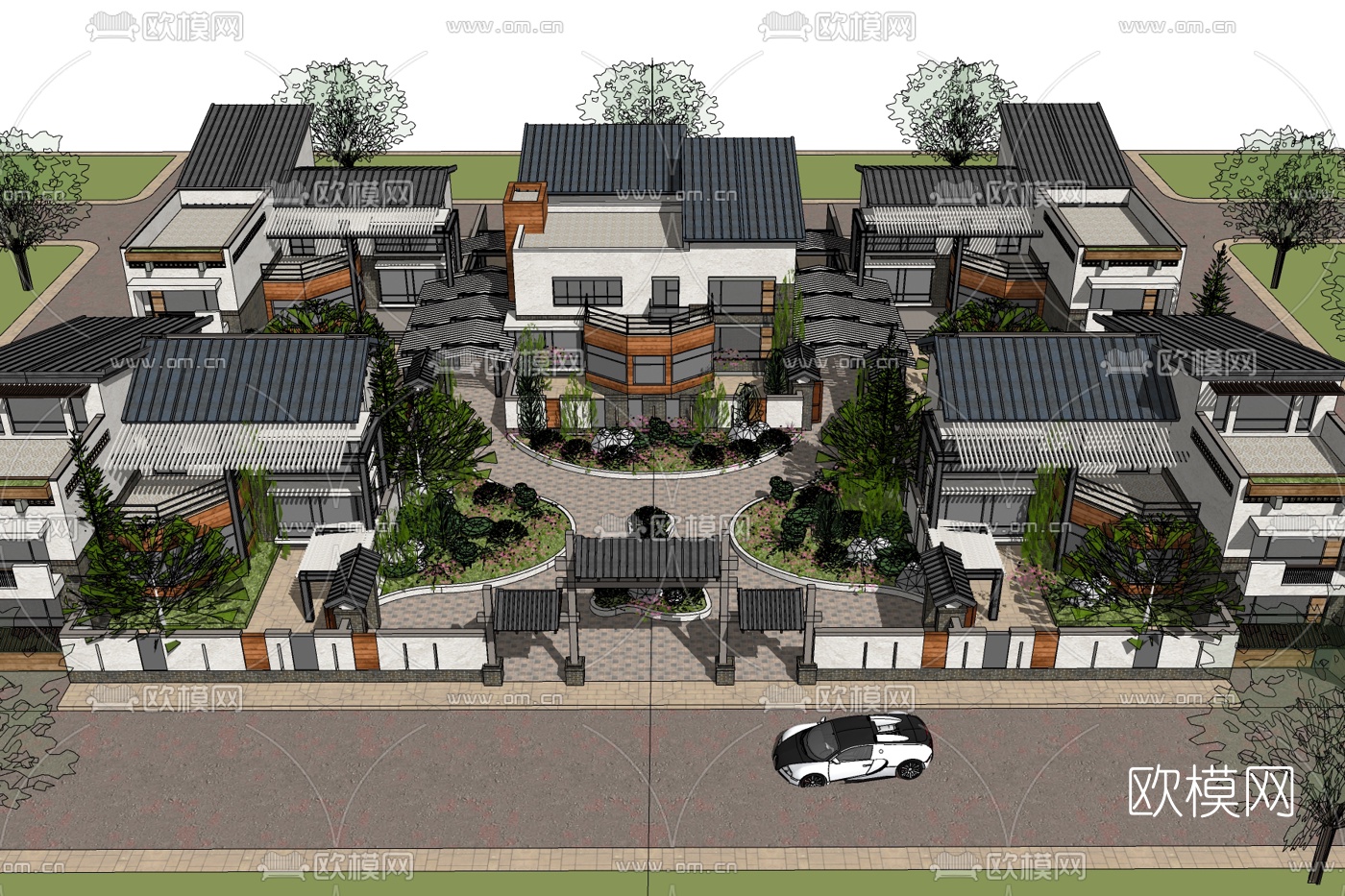 新中式别墅区规划免费su模型下载