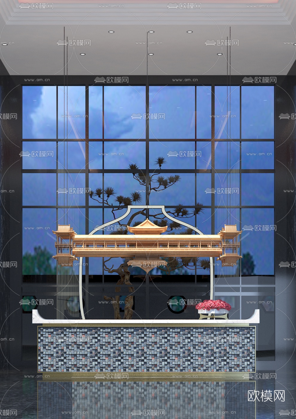 新中式前台接待台3d模型下载（渲染图1）