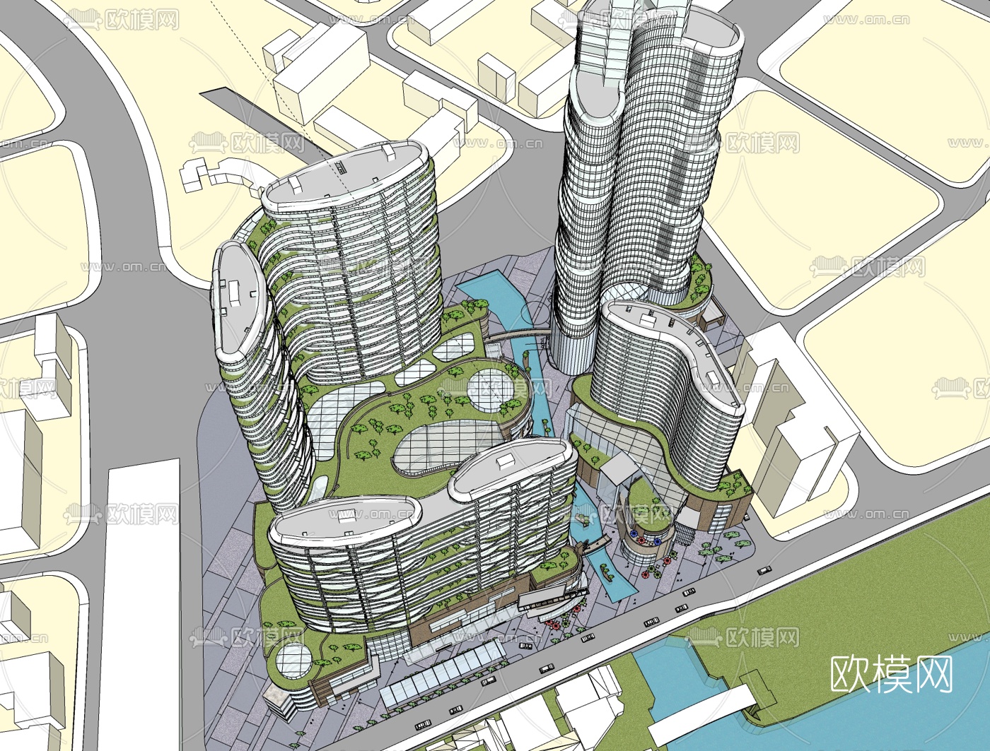 现代商业街免费su模型下载