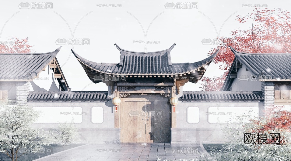 中式古建民房门头3d模型下载