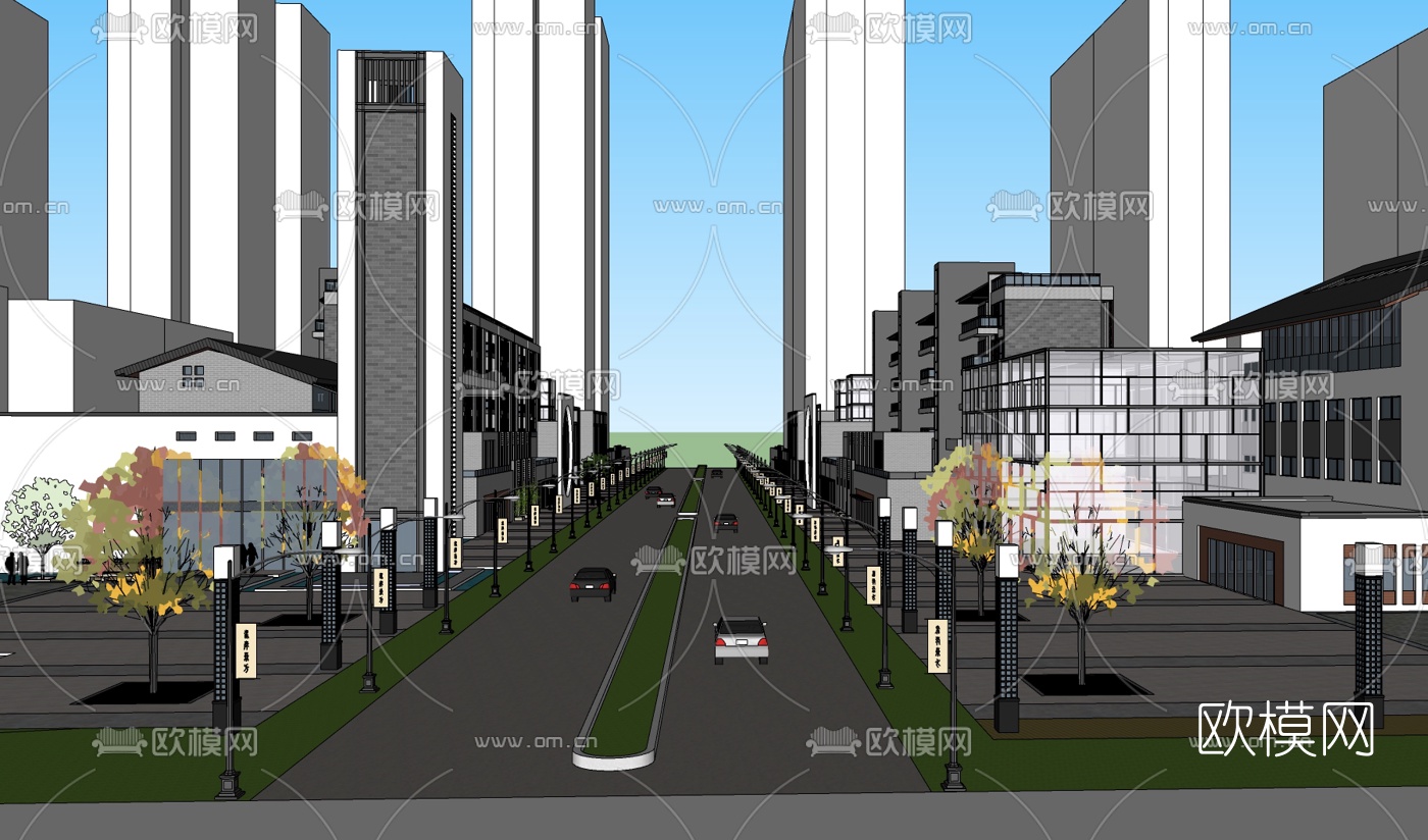 现代商业街免费su模型下载