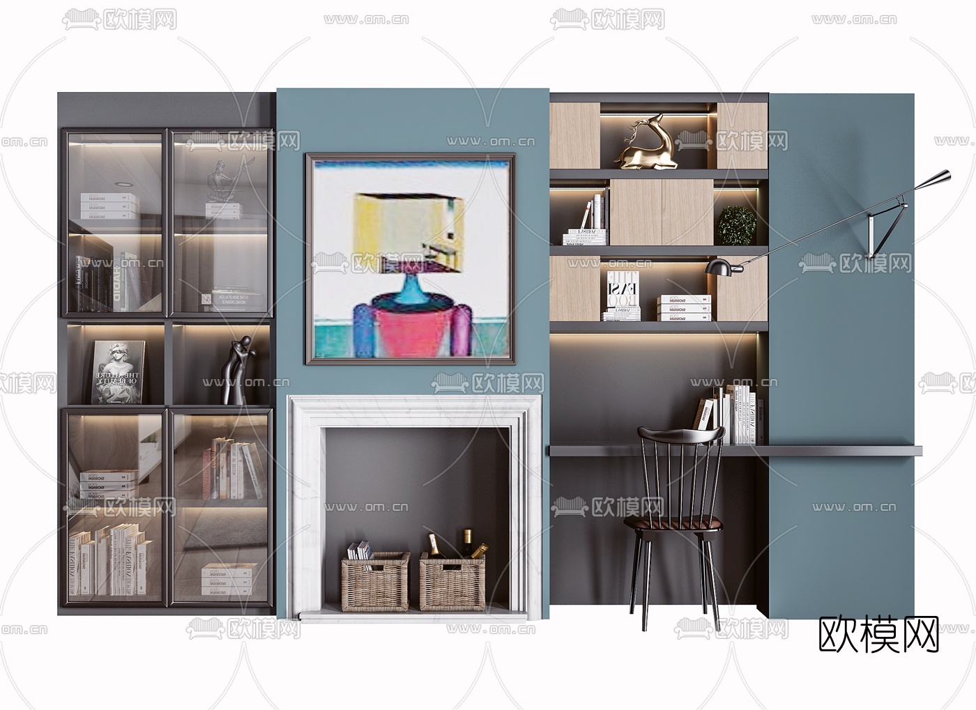 北欧一体式书桌椅书柜3d模型下载