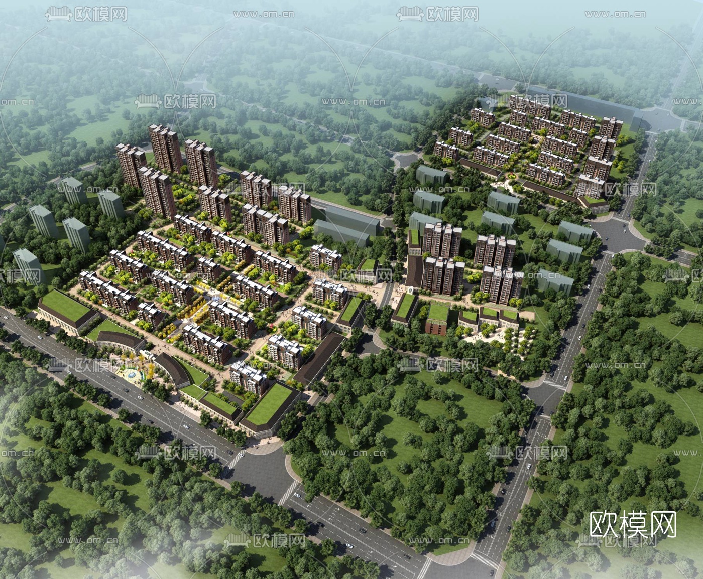 现代住宅小区鸟瞰规划3d模型