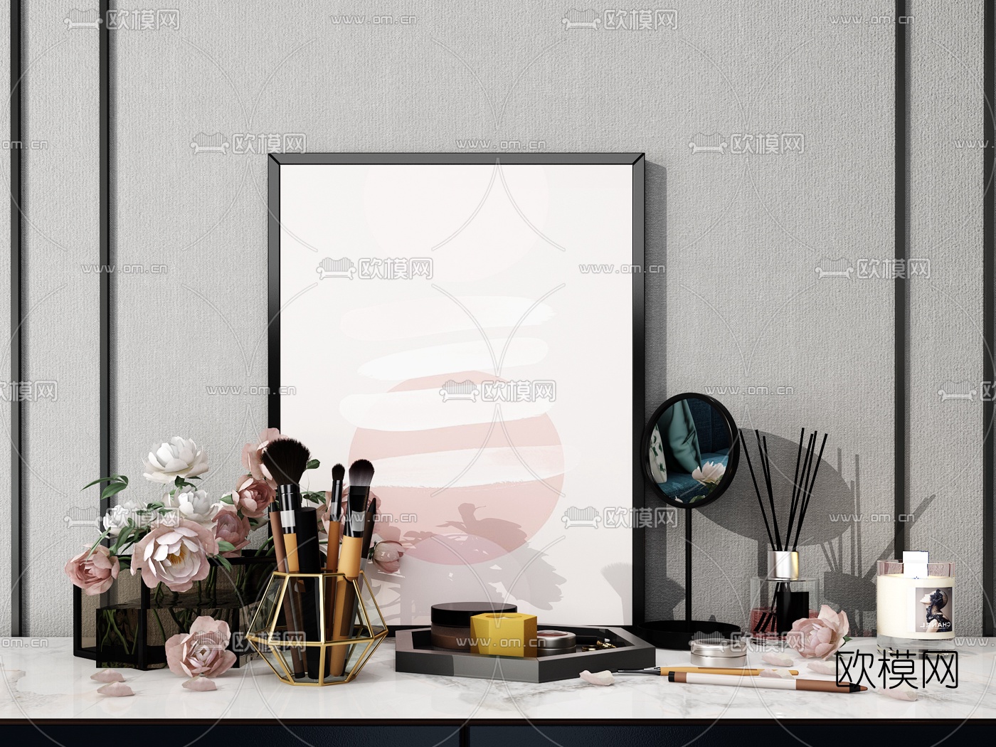 现代化妆品鲜花装饰画饰品摆件3d模型