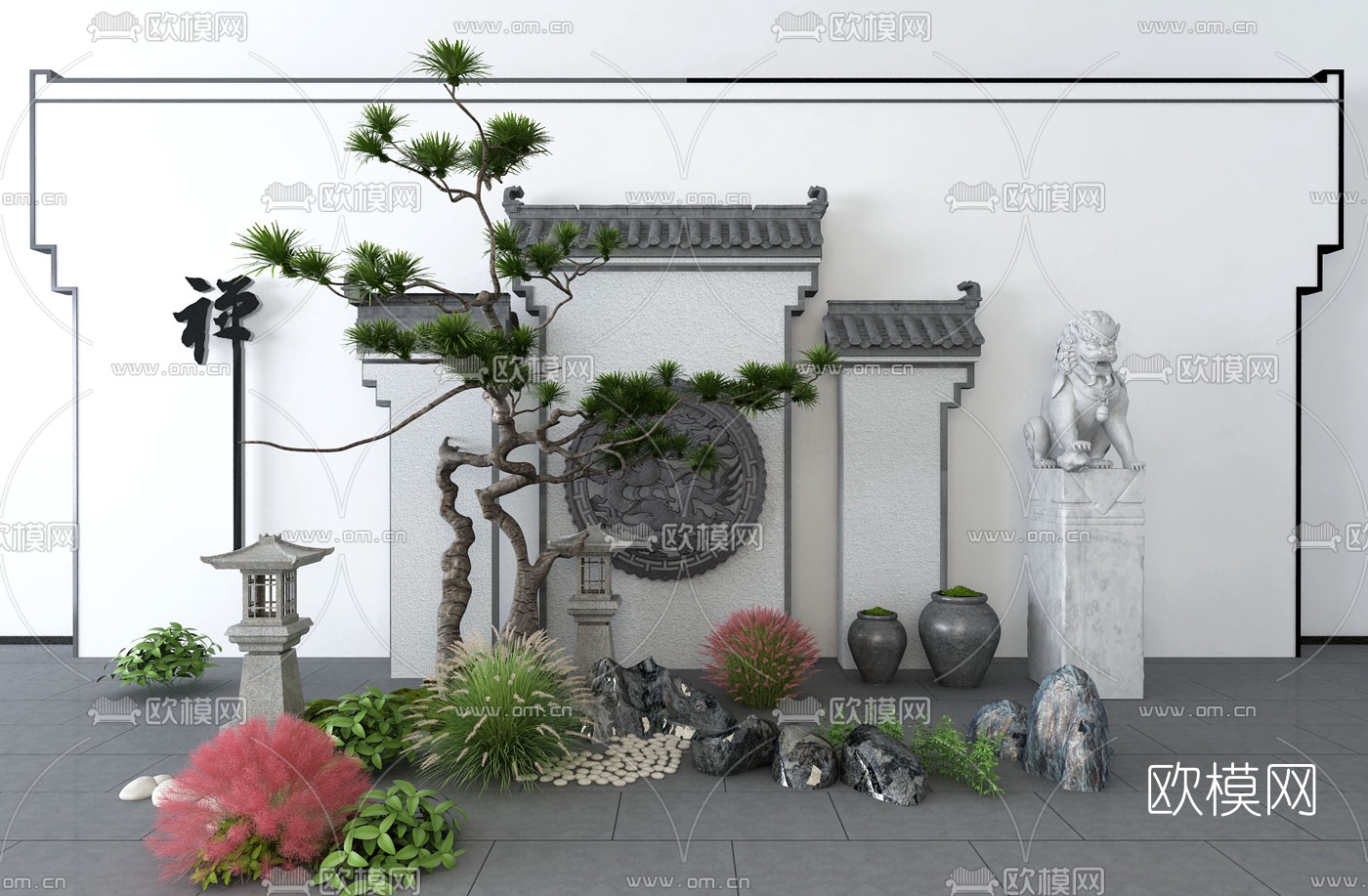 新中式马头墙绿植假山园艺小品3d模型下载