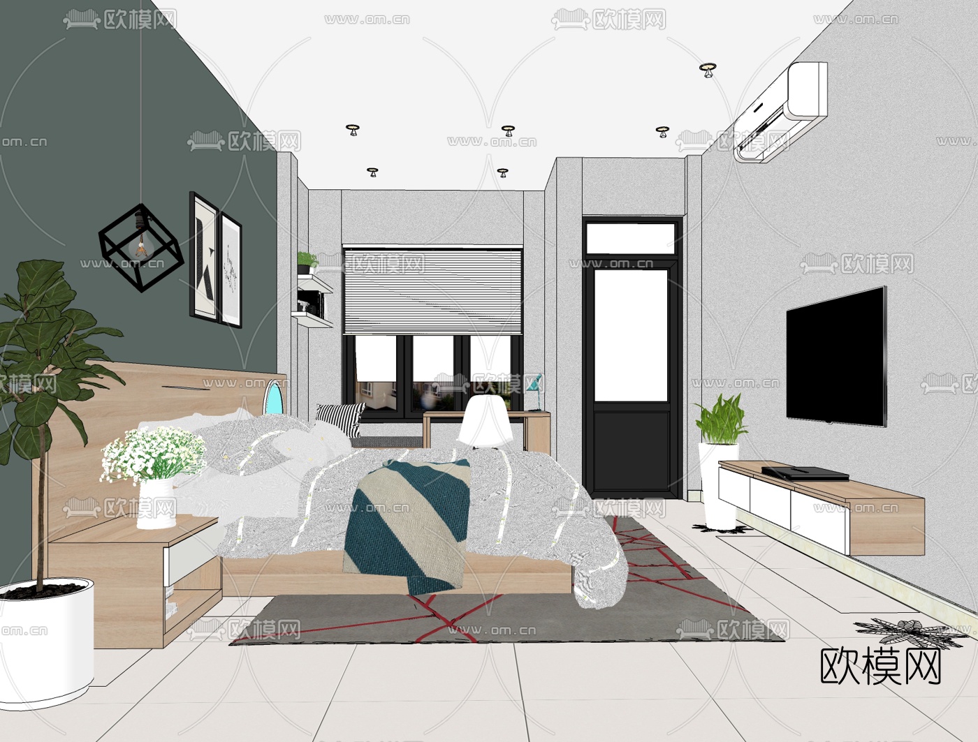 北欧卧室主人房su模型下载