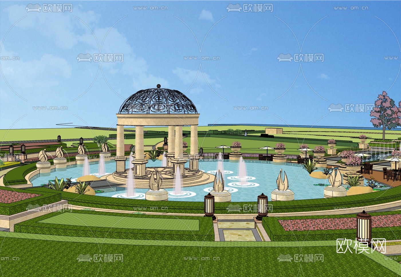 欧式公园景观池免费su模型下载