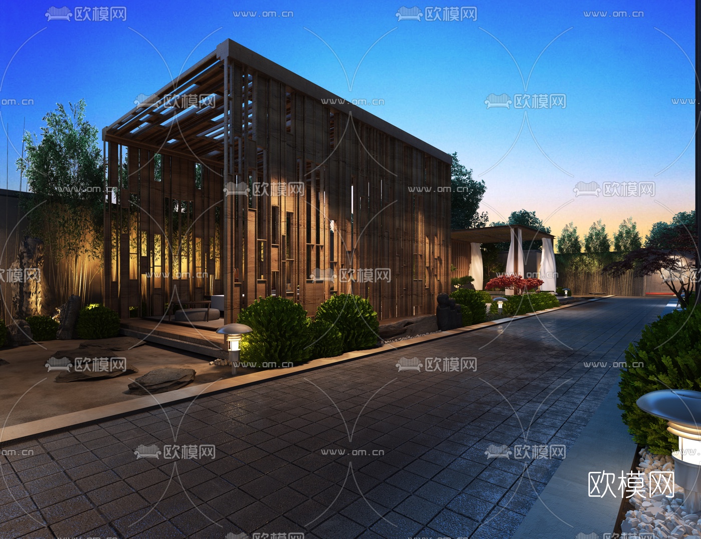新中式庭院花园夜景3d模型下载（渲染图4）
