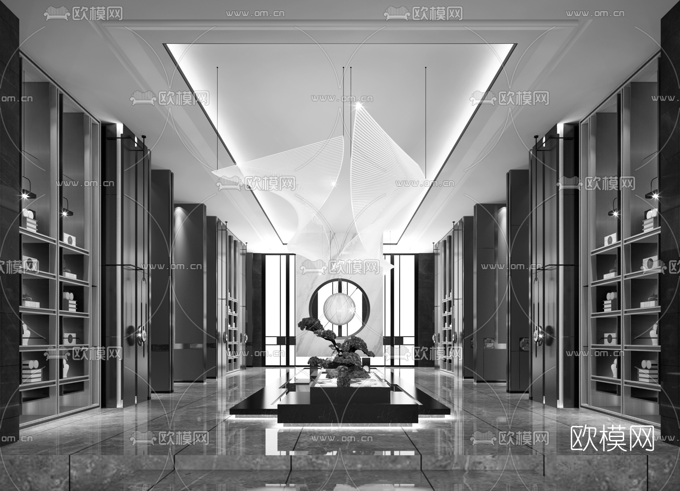 新中式酒店水景过道3d模型