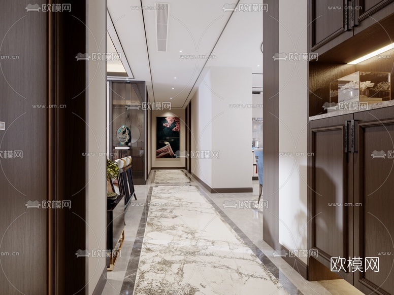 新中式轻奢客厅餐厅3d模型下载(渲染图3)