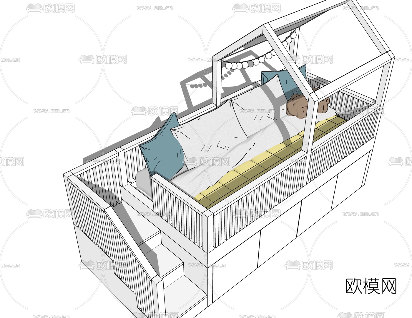 现代儿童床su模型下载（渲染图2）