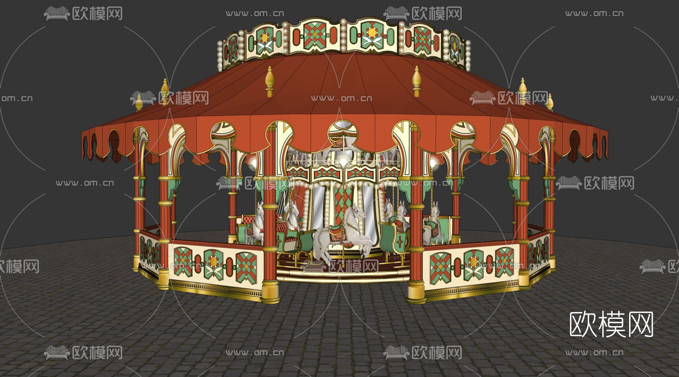 欧式旋转木马游乐设备su模型下载（渲染图1）