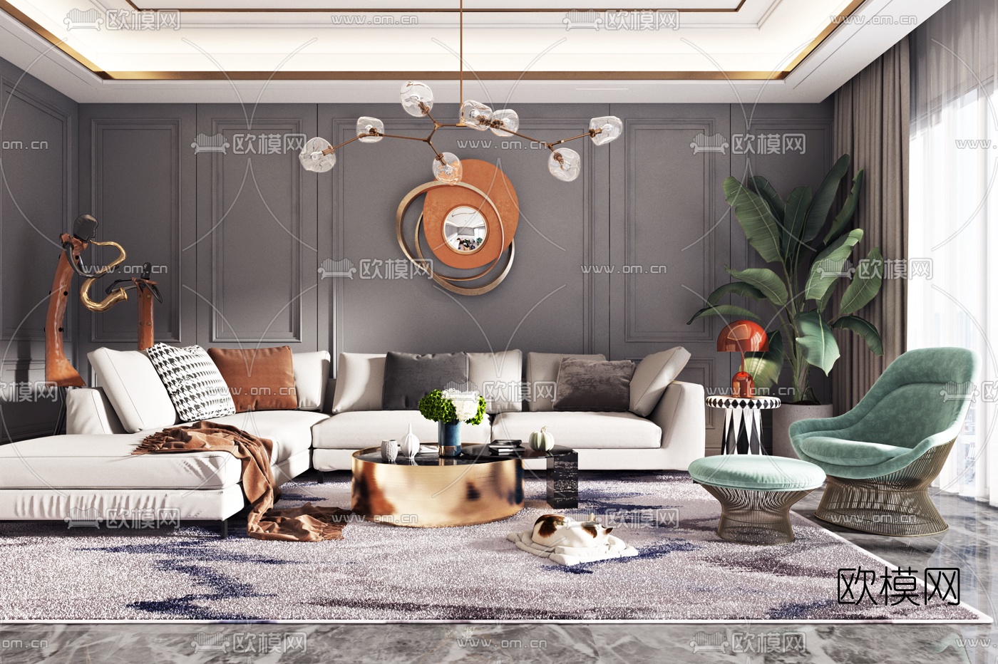 现代轻奢沙发组合3d模型-免费3dmax模型库-欧模网