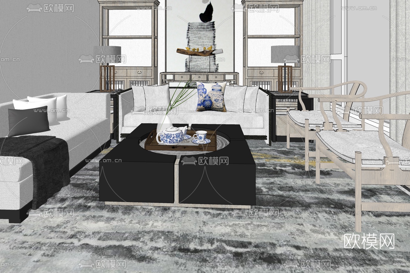 新中式客厅免费su模型下载