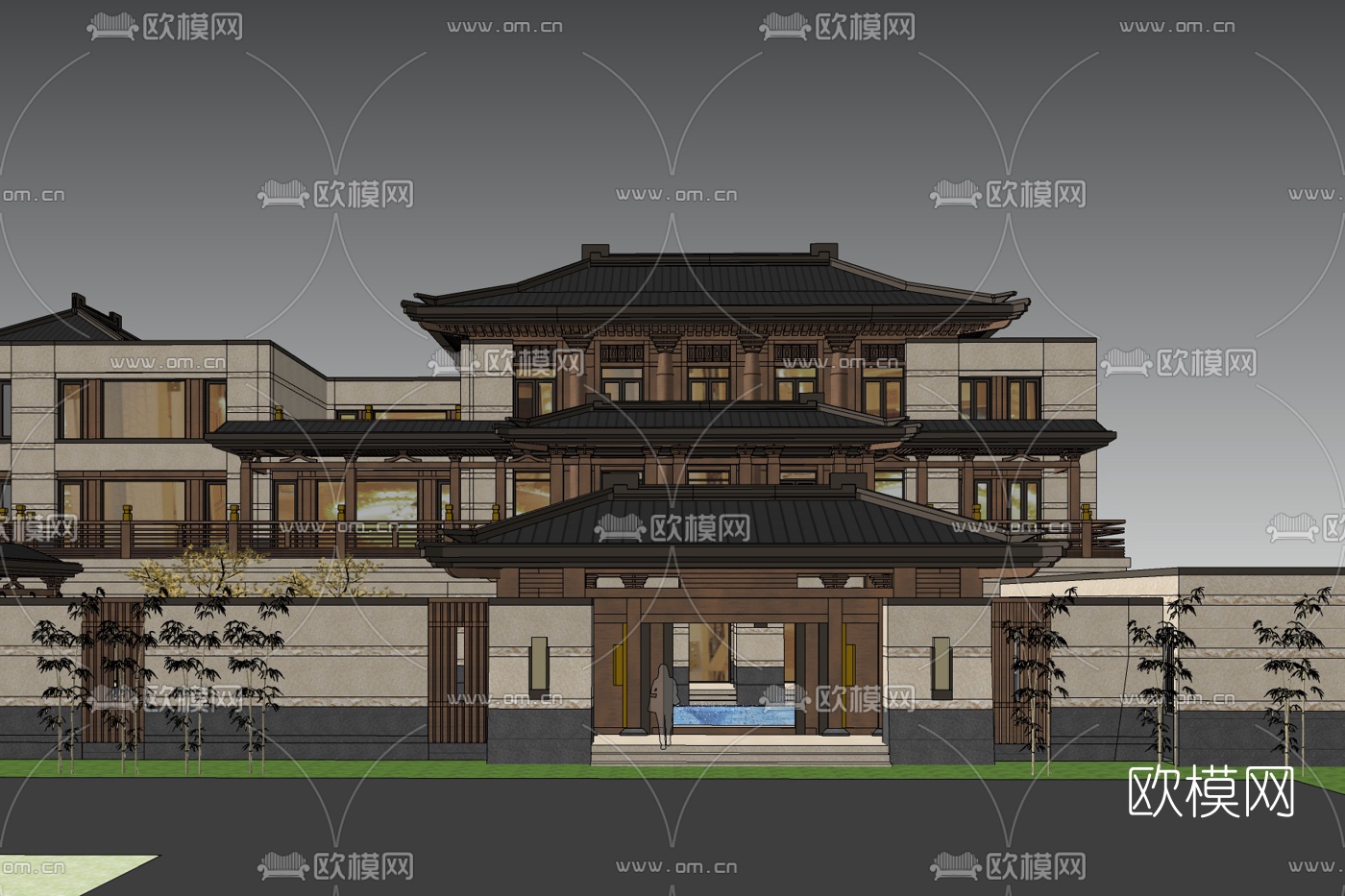 新中式连排别墅免费su模型-免费3dmax模型库-欧模网