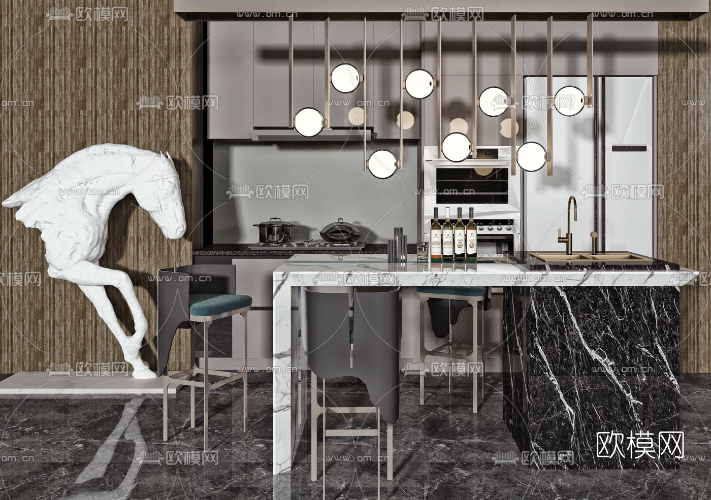现代轻奢大理石橱柜中岛柜3d模型下载（渲染图1）