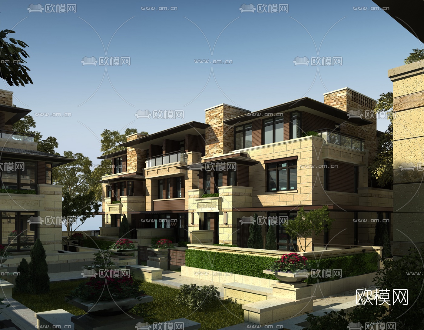 现代联排别墅外观3d模型下载