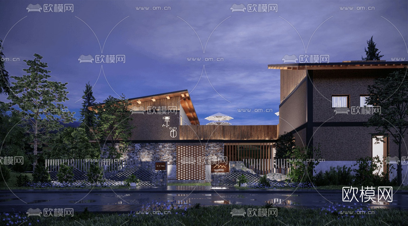 现代漂流民宿酒店夜景su模型下载（渲染图3）