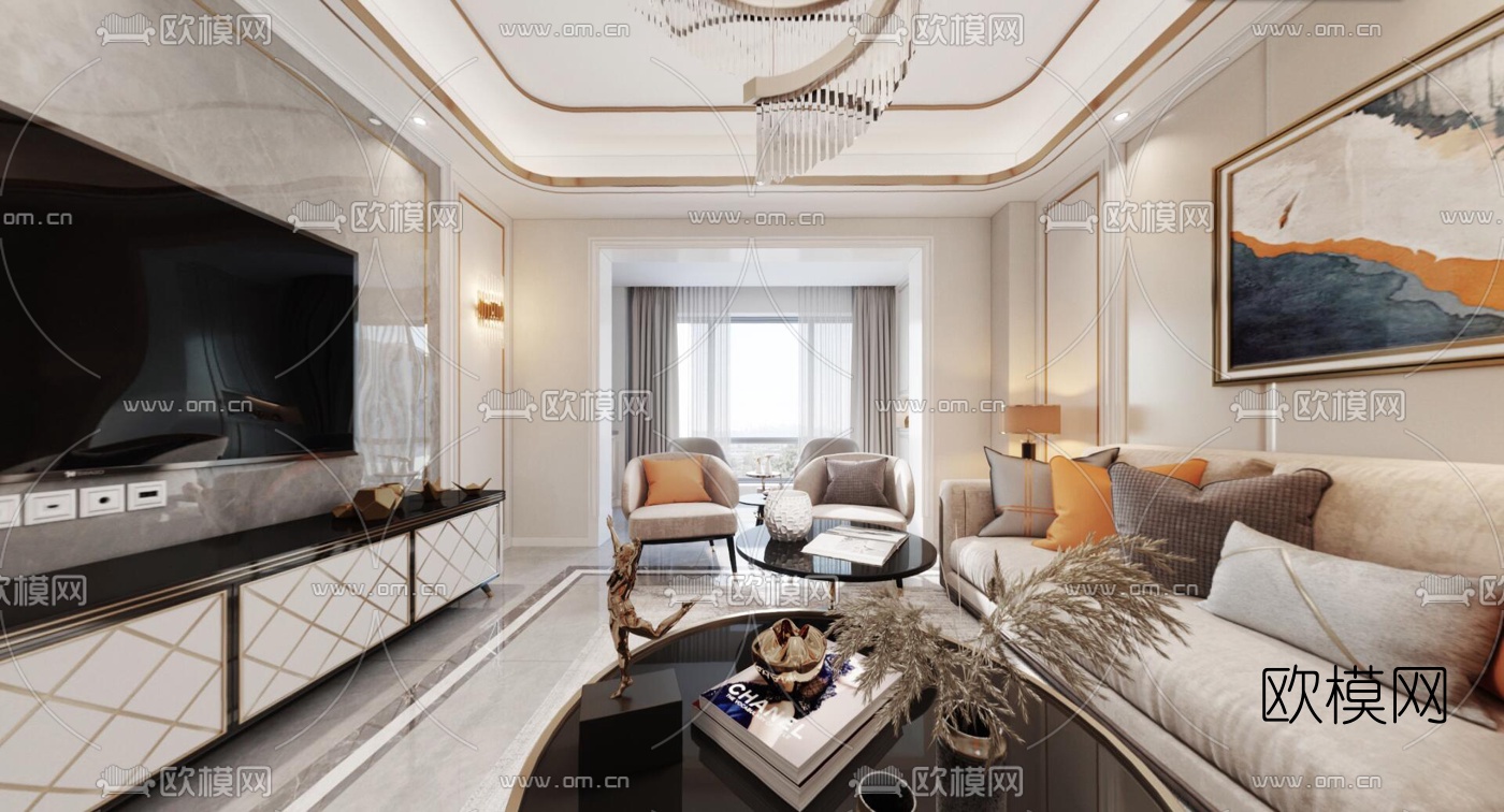 现代轻奢客厅餐厅vr全景3d模型