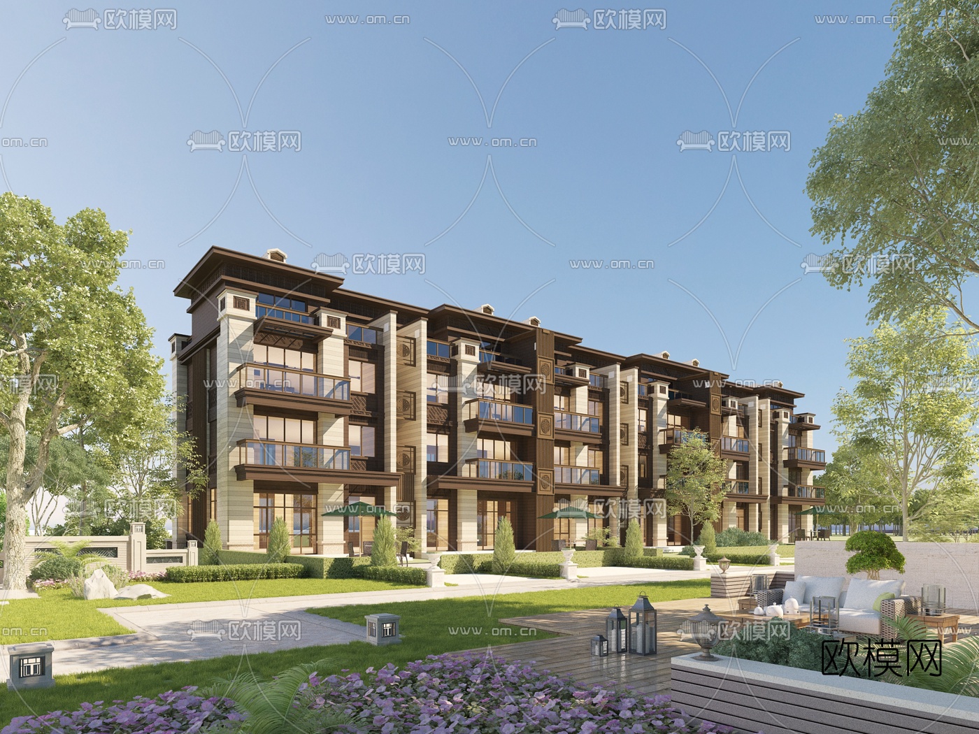 新中式联排别墅外观3d模型下载