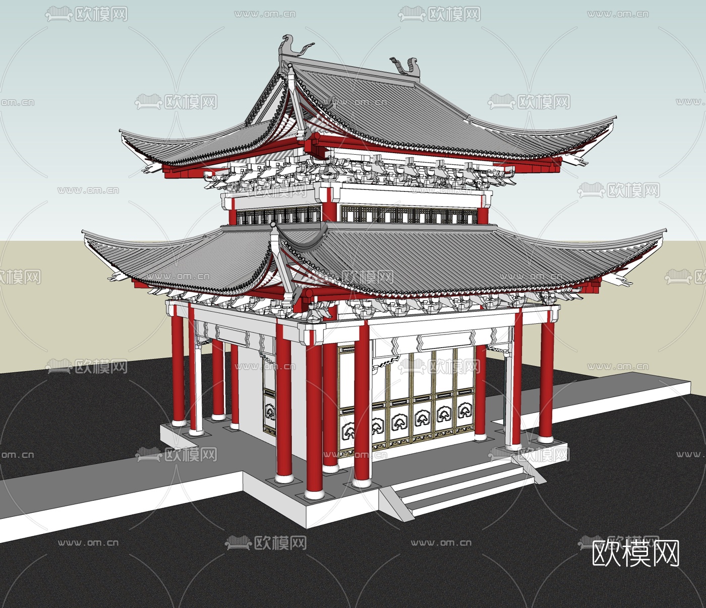 中式古建楼阁免费su模型下载