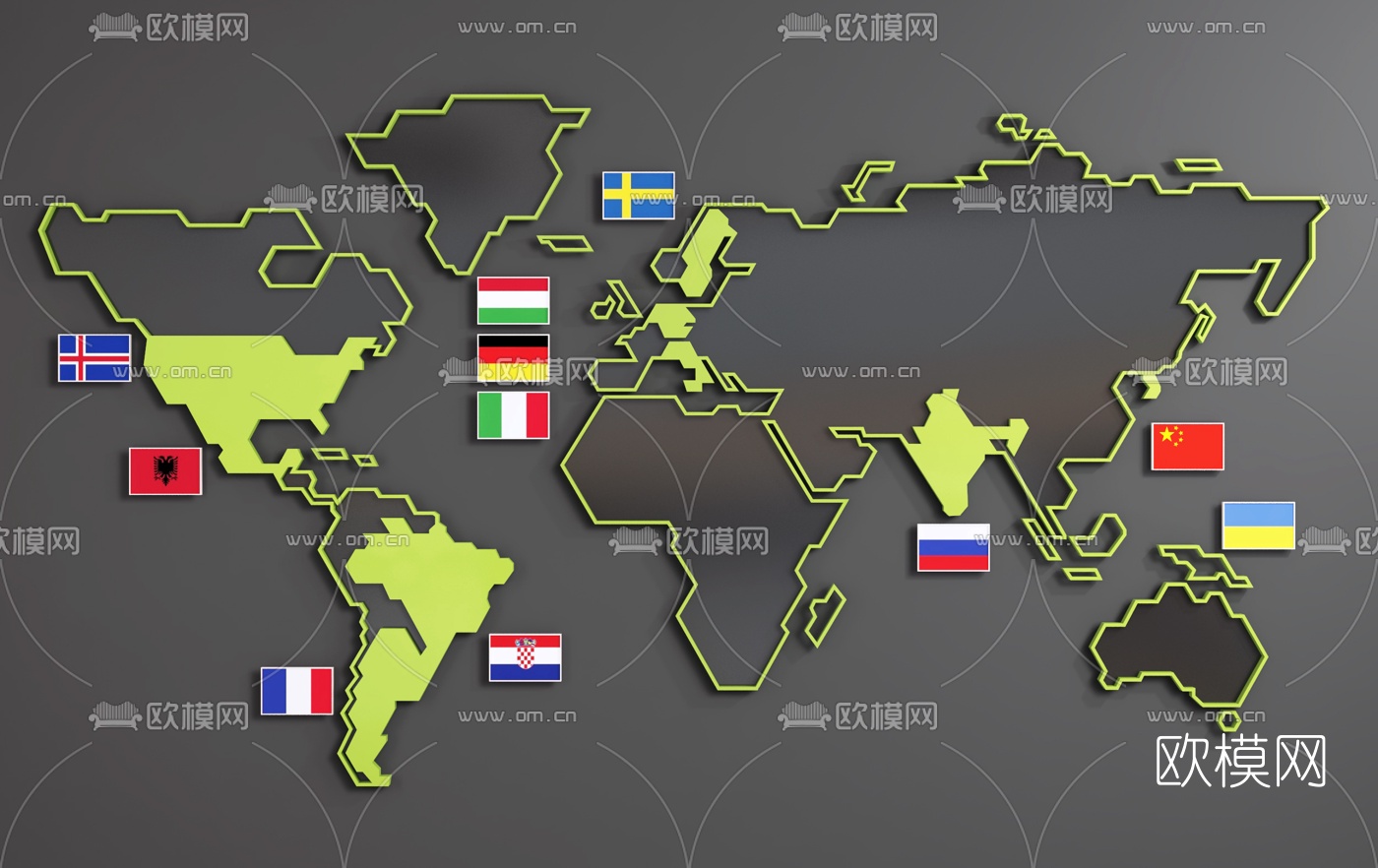 现代世界地图墙饰挂件3d模型-免费3dmax模型库-欧模网
