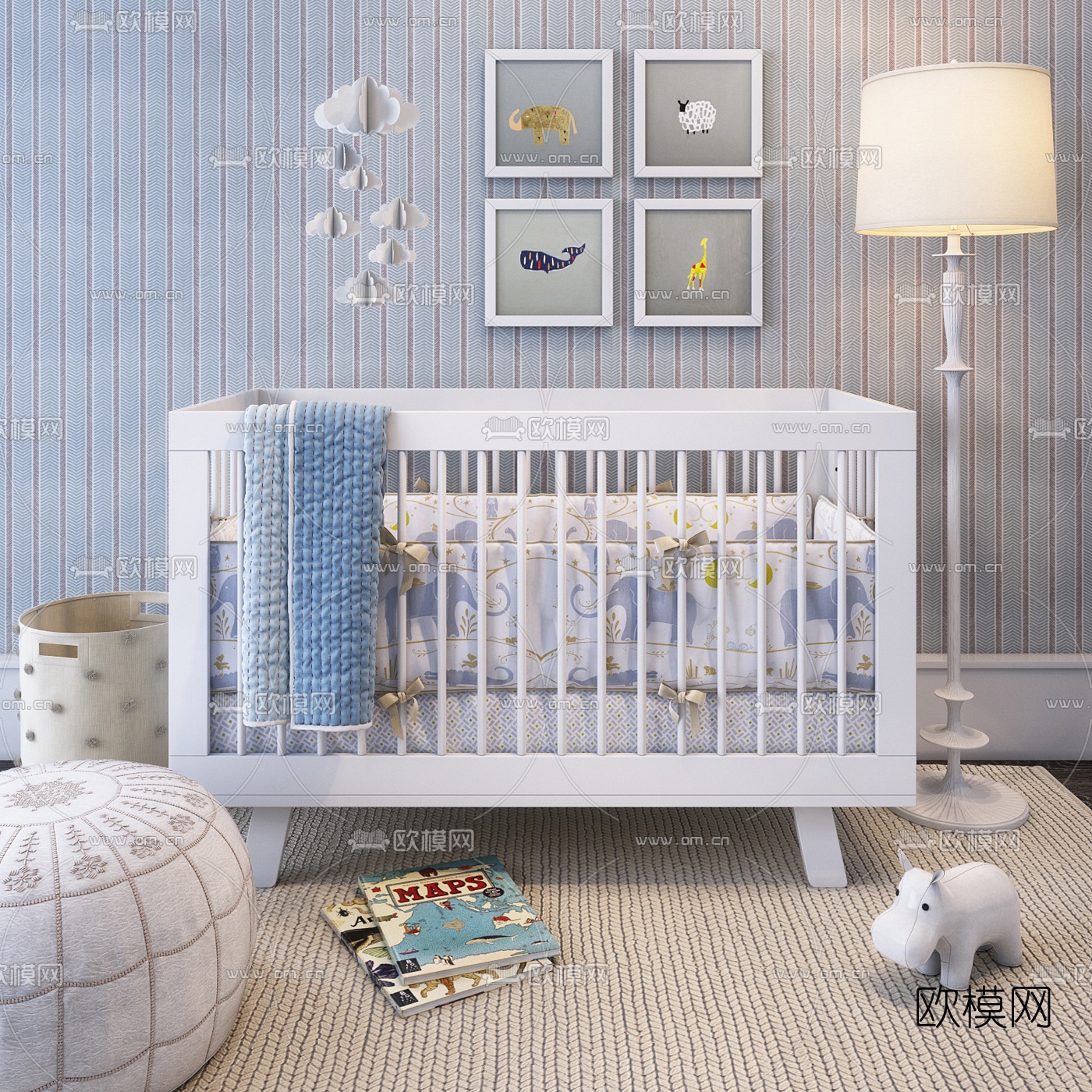 美式实木婴儿床3d模型下载（渲染图1）