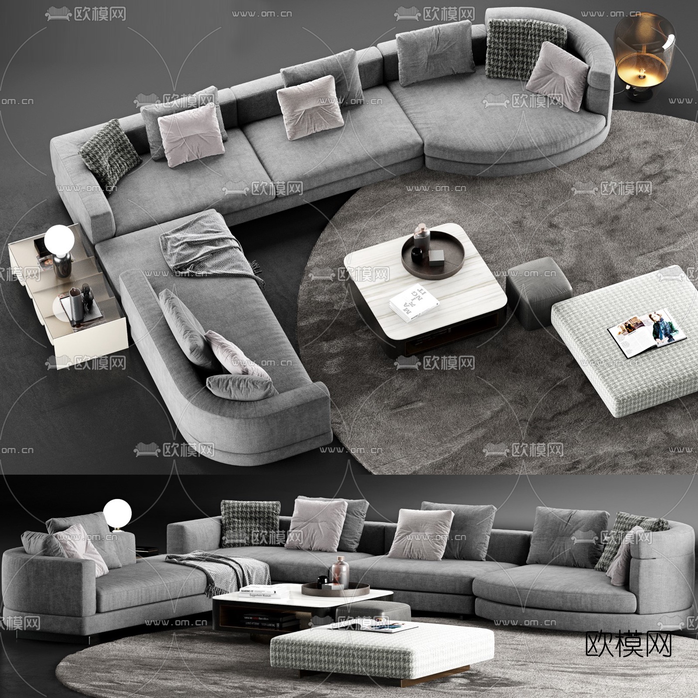 现代布艺拐角沙发组合3d模型-免费3dmax模型库-欧模网