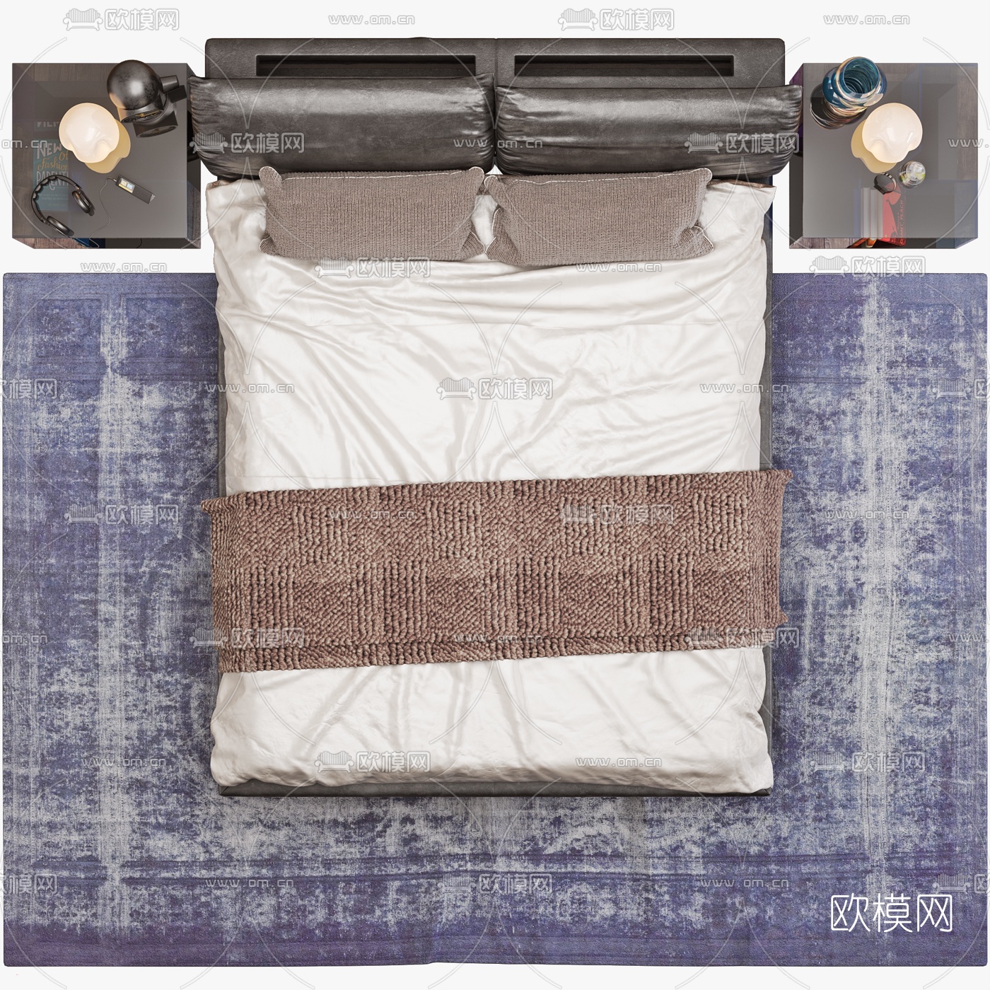 后现代布艺双人床3d模型下载（渲染图3）
