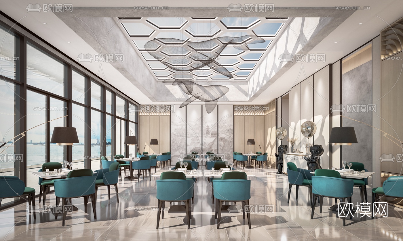 新中式酒店餐厅3d模型下载