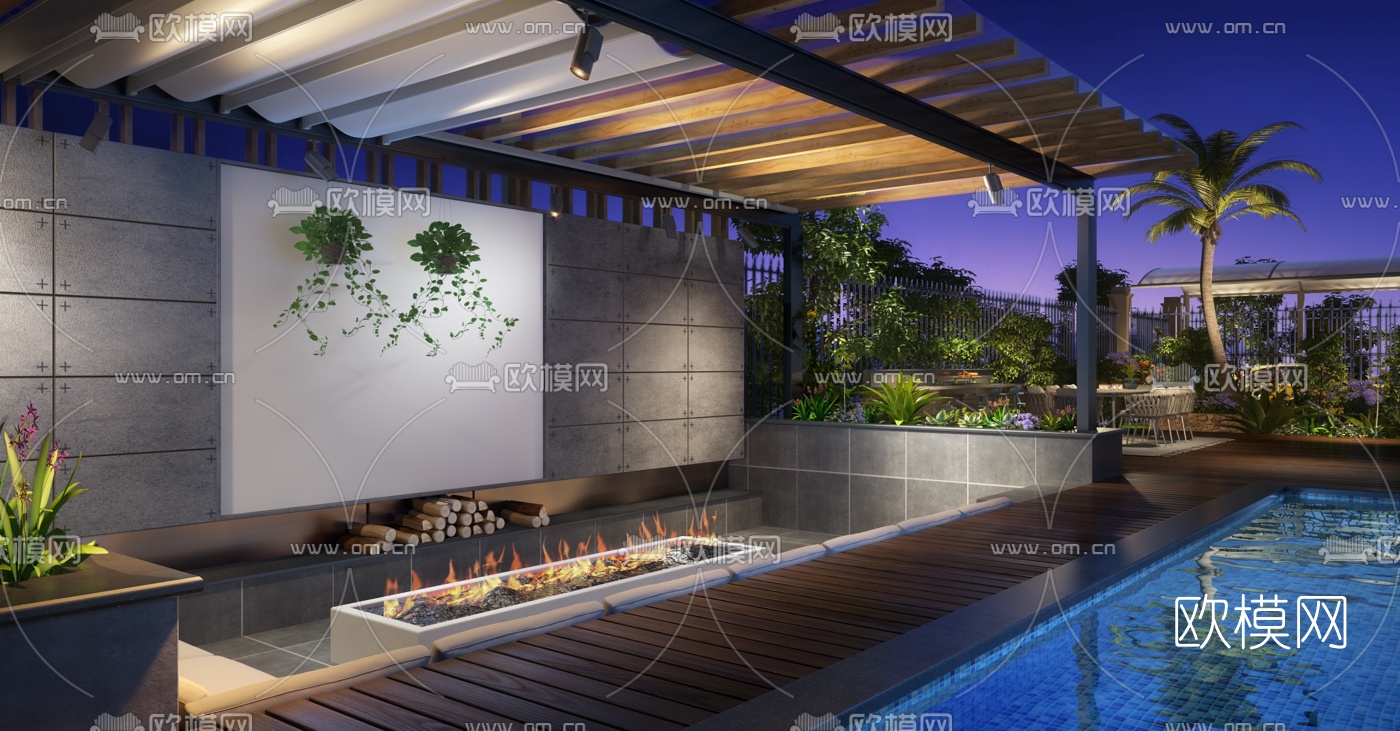 现代泳池庭院花园夜景3d模型下载