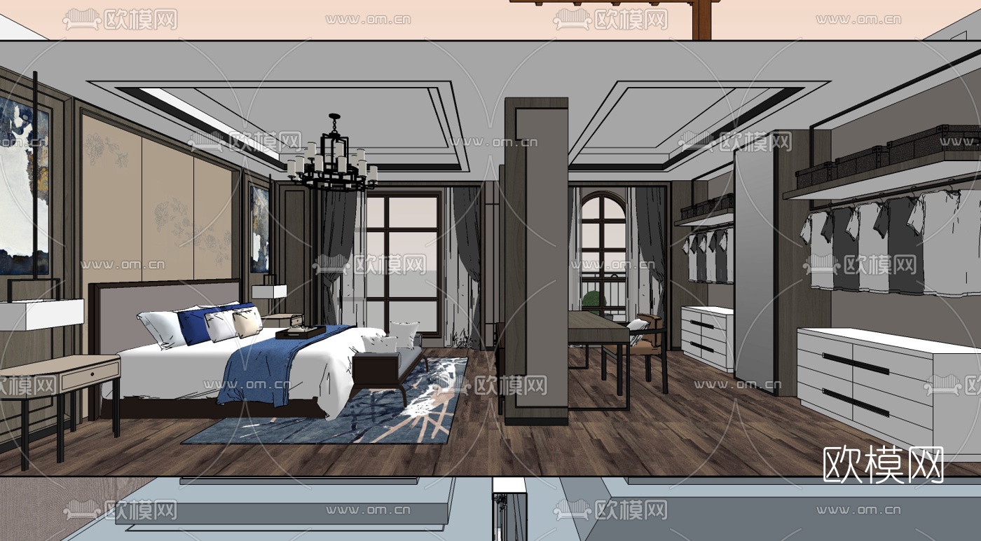 新中式主人房卧室su模型下载（渲染图2）