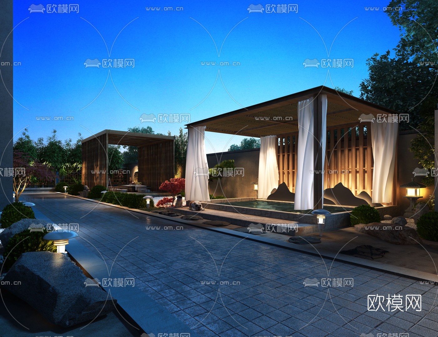 新中式庭院花园夜景3d模型下载（渲染图1）