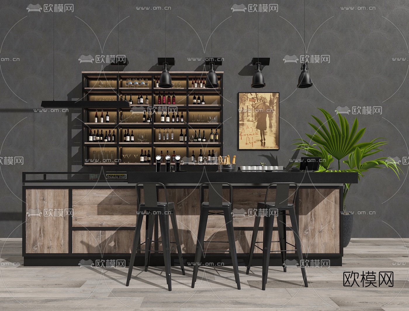 工业风酒吧台3d模型下载